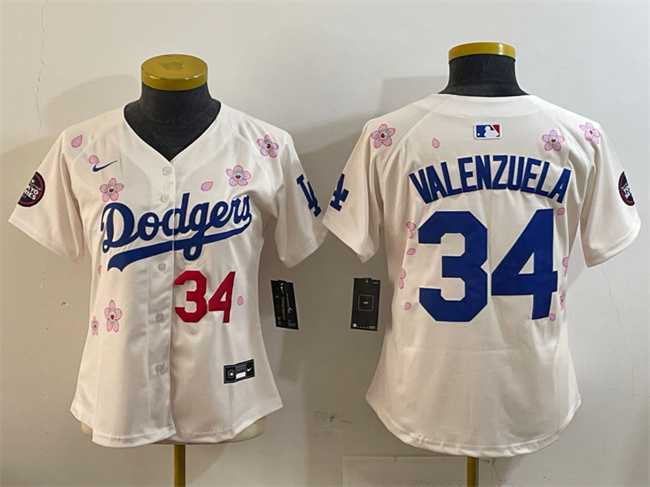Women%27s Los Angeles Dodgers #34 Fernando Valenzuela Cream 2025 Tokyo Series Limited Stitched Jersey
